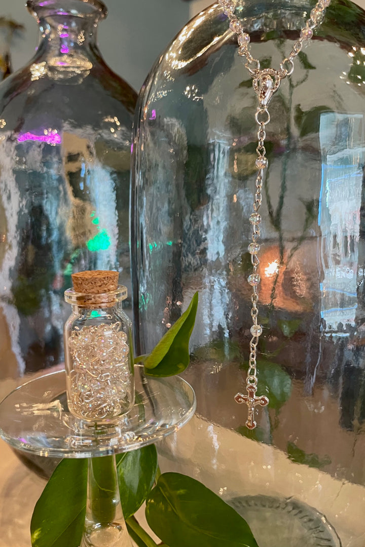 Resale - Delicate Rosary in Keepsake Jar - Clear Iridescent